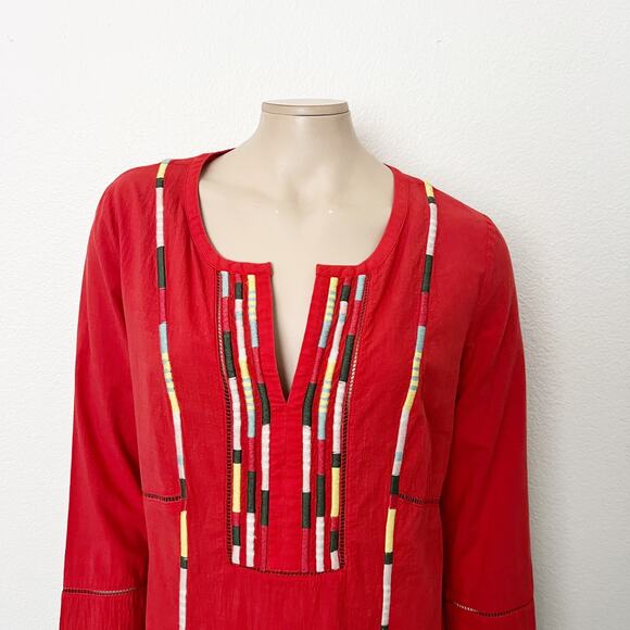 [Prana] Red Embroidered Lahela Coverup Tunic Mini Dress Long Sleeves Sz Medium M - Picture 4 of 13